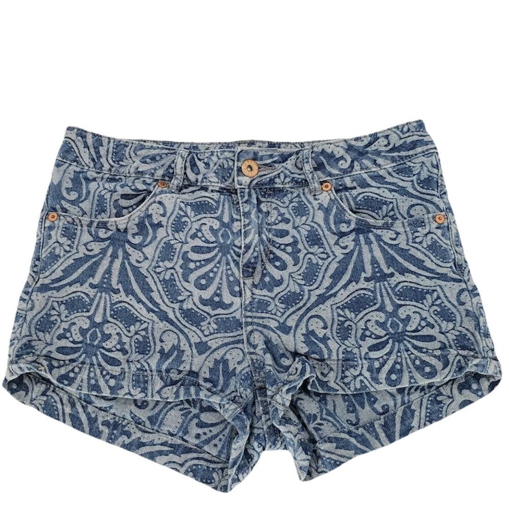 H&M Divided Damask blue ivory Print Denim Shorts Jorts US size 6 small